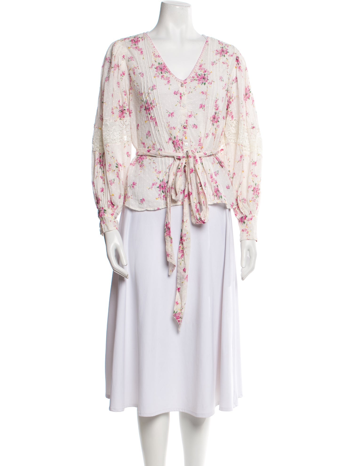 LoveShackFancy Floral Print V-Neck Blouse